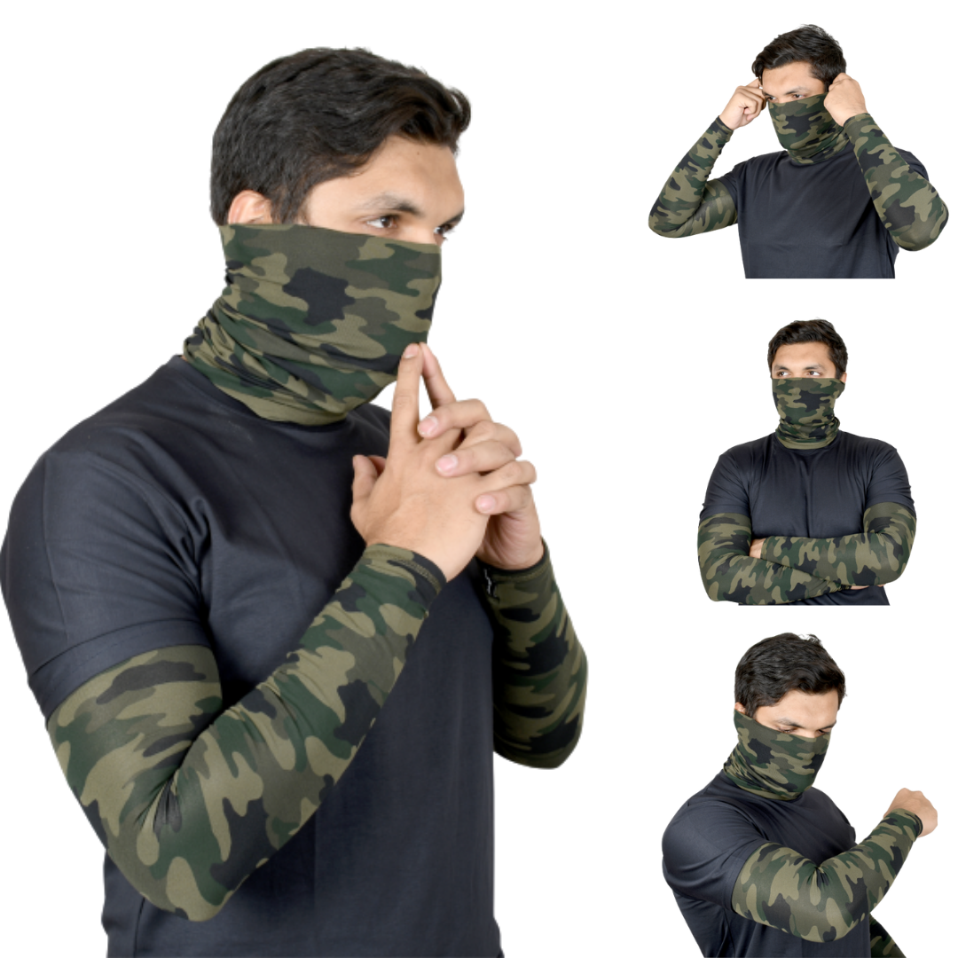 SOUL eTHICS Premium Cotton Combo Handsleeves and Bandana for Face, Head, Hair & Arm Cover with UV Protection for All Sports, Bike Riding, Dust Protection, with Arm Cooling Fabric (Camo Green) image 0