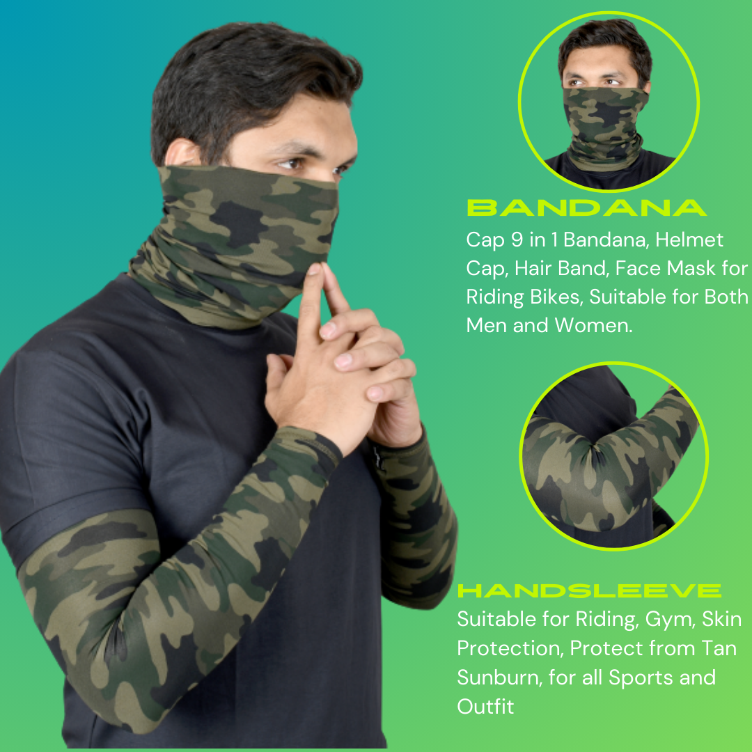 SOUL eTHICS Premium Cotton Combo Handsleeves and Bandana for Face, Head, Hair & Arm Cover with UV Protection for All Sports, Bike Riding, Dust Protection, with Arm Cooling Fabric (Camo Green) image 5