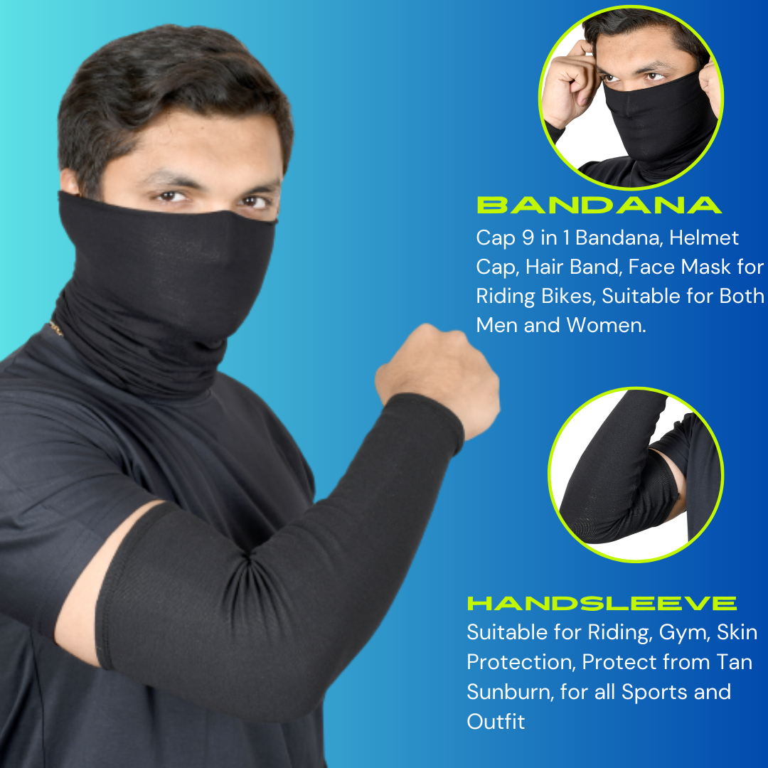 SOUL eTHICS Premium Cotton Combo Handsleeves and Bandana for Face, Head, Hair & Arm Cover with UV Protection for All Sports, Bike Riding, Dust Protection, with Arm Cooling Fabric Black image 5