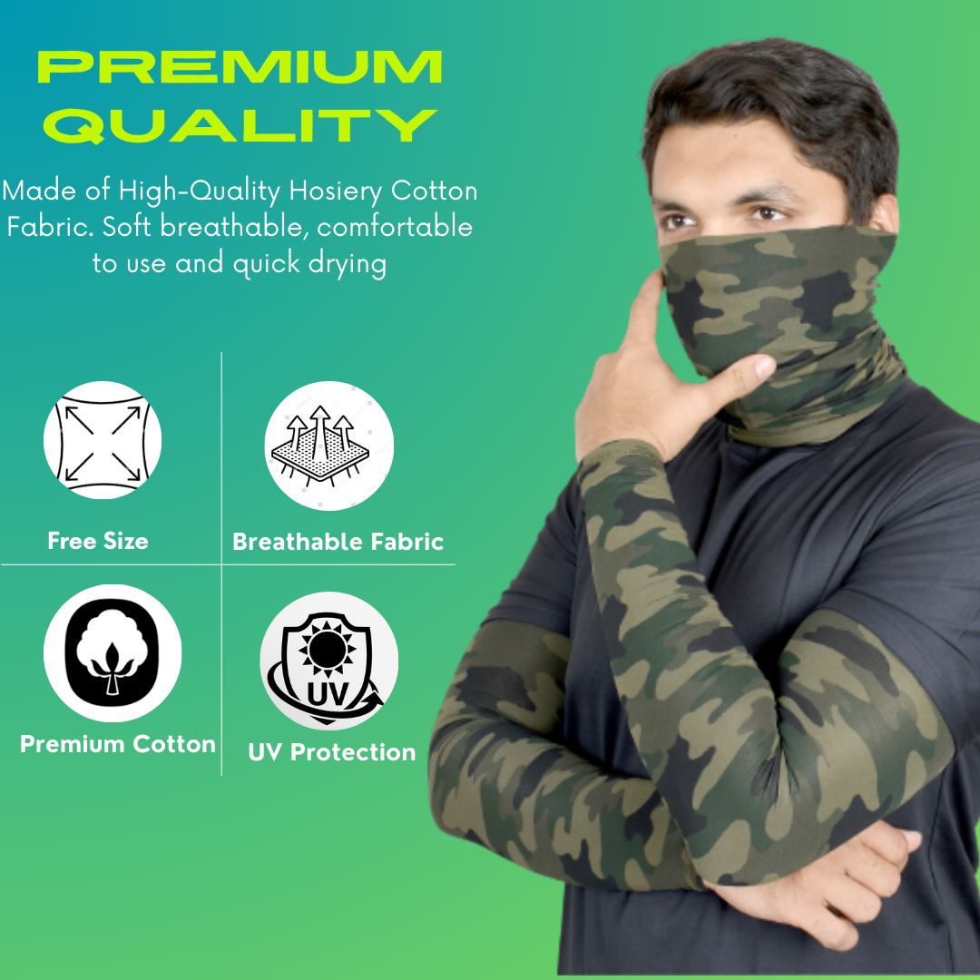 SOUL eTHICS Premium Cotton Combo Handsleeves and Bandana for Face, Head, Hair & Arm Cover with UV Protection for All Sports, Bike Riding, Dust Protection, with Arm Cooling Fabric (Camo Green) image 4