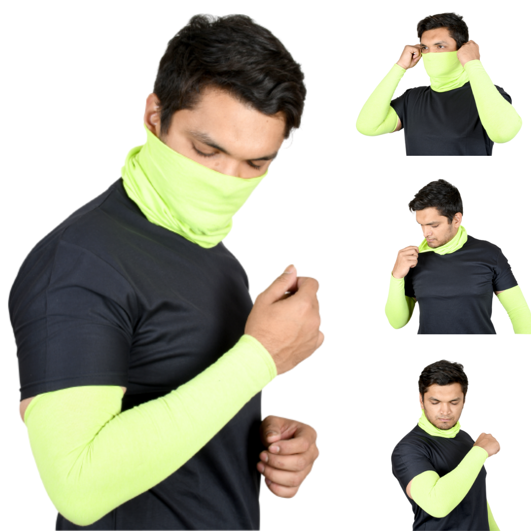 SOUL eTHICS Premium Cotton Combo Handsleeves and Bandana for Face, Head, Hair & Arm Cover with UV Protection for All Sports, Bike Riding, Dust Protection, with Arm Cooling Fabric (NEON) image 0