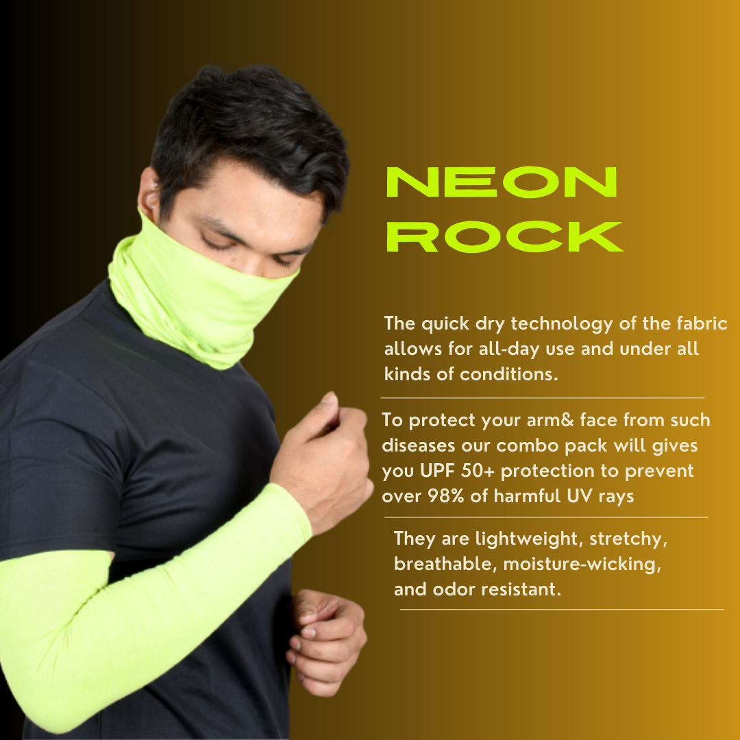 SOUL eTHICS Premium Cotton Combo Handsleeves and Bandana for Face, Head, Hair & Arm Cover with UV Protection for All Sports, Bike Riding, Dust Protection, with Arm Cooling Fabric (NEON) image 1