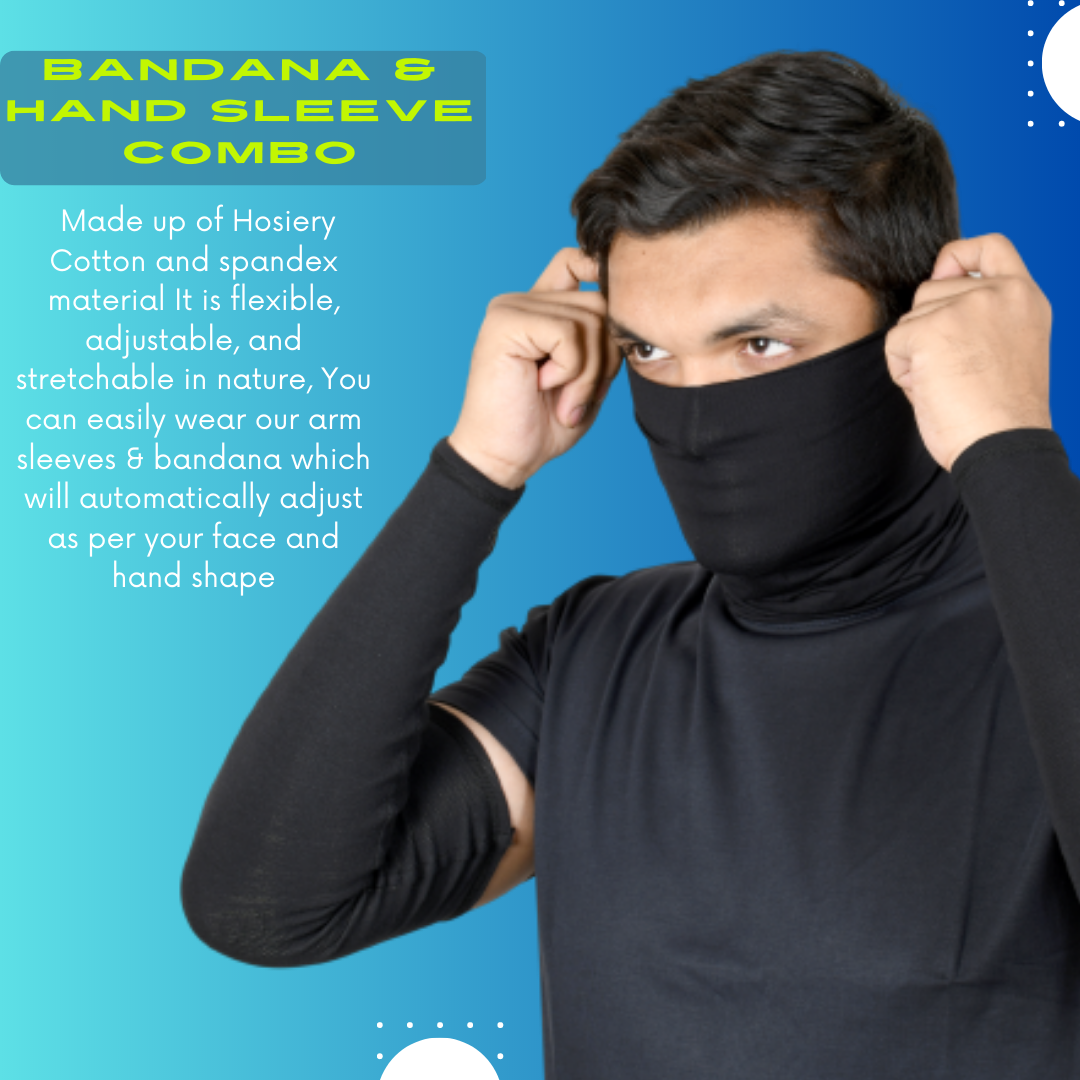SOUL eTHICS Premium Cotton Combo Handsleeves and Bandana for Face, Head, Hair & Arm Cover with UV Protection for All Sports, Bike Riding, Dust Protection, with Arm Cooling Fabric Black image 3