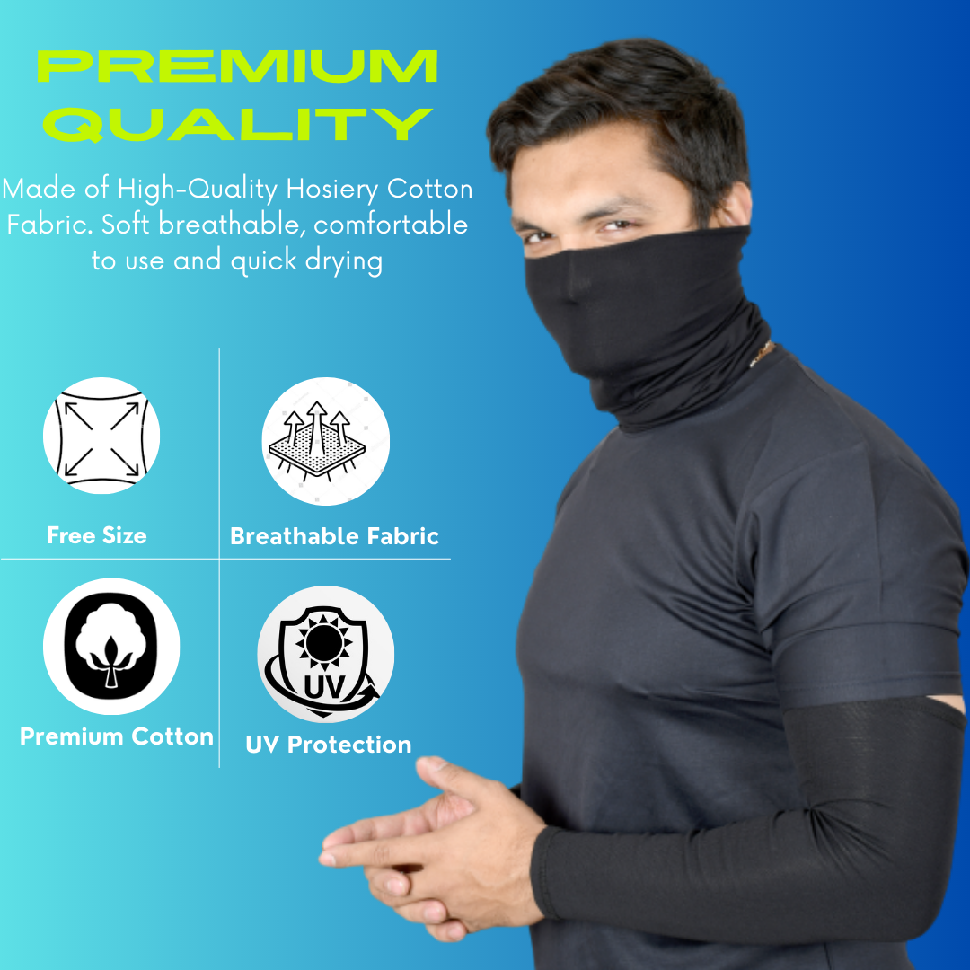 SOUL eTHICS Premium Cotton Combo Handsleeves and Bandana for Face, Head, Hair & Arm Cover with UV Protection for All Sports, Bike Riding, Dust Protection, with Arm Cooling Fabric Black image 4
