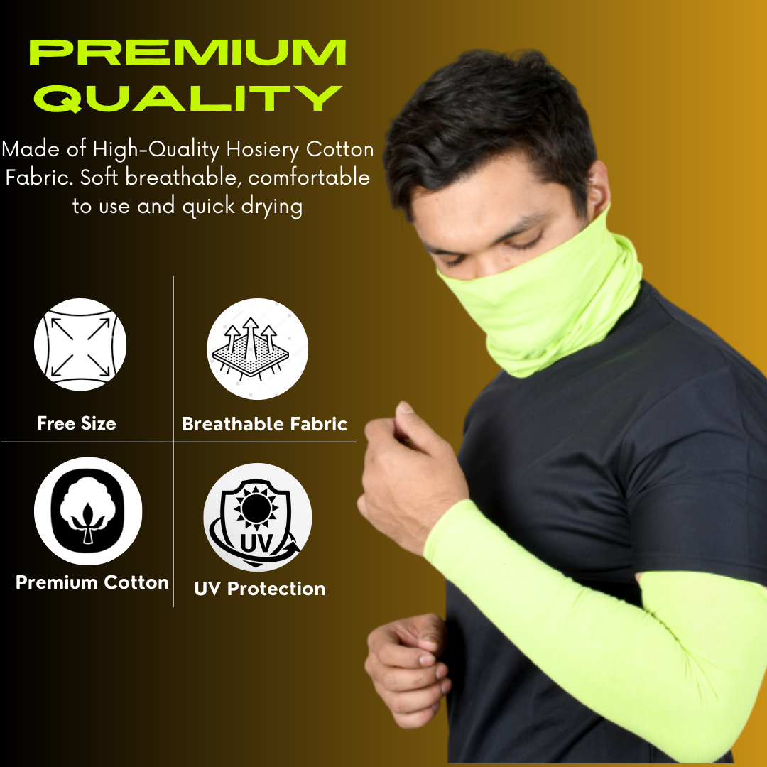 SOUL eTHICS Premium Cotton Combo Handsleeves and Bandana for Face, Head, Hair & Arm Cover with UV Protection for All Sports, Bike Riding, Dust Protection, with Arm Cooling Fabric (NEON) image 5