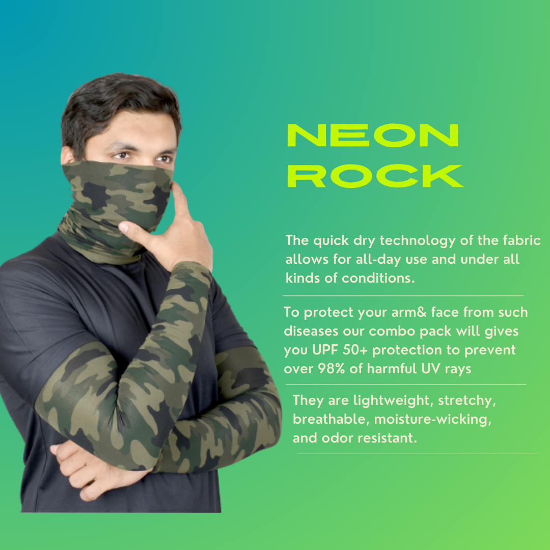 SOUL eTHICS Premium Cotton Combo Handsleeves and Bandana for Face, Head, Hair & Arm Cover with UV Protection for All Sports, Bike Riding, Dust Protection, with Arm Cooling Fabric (Camo Green) image 1