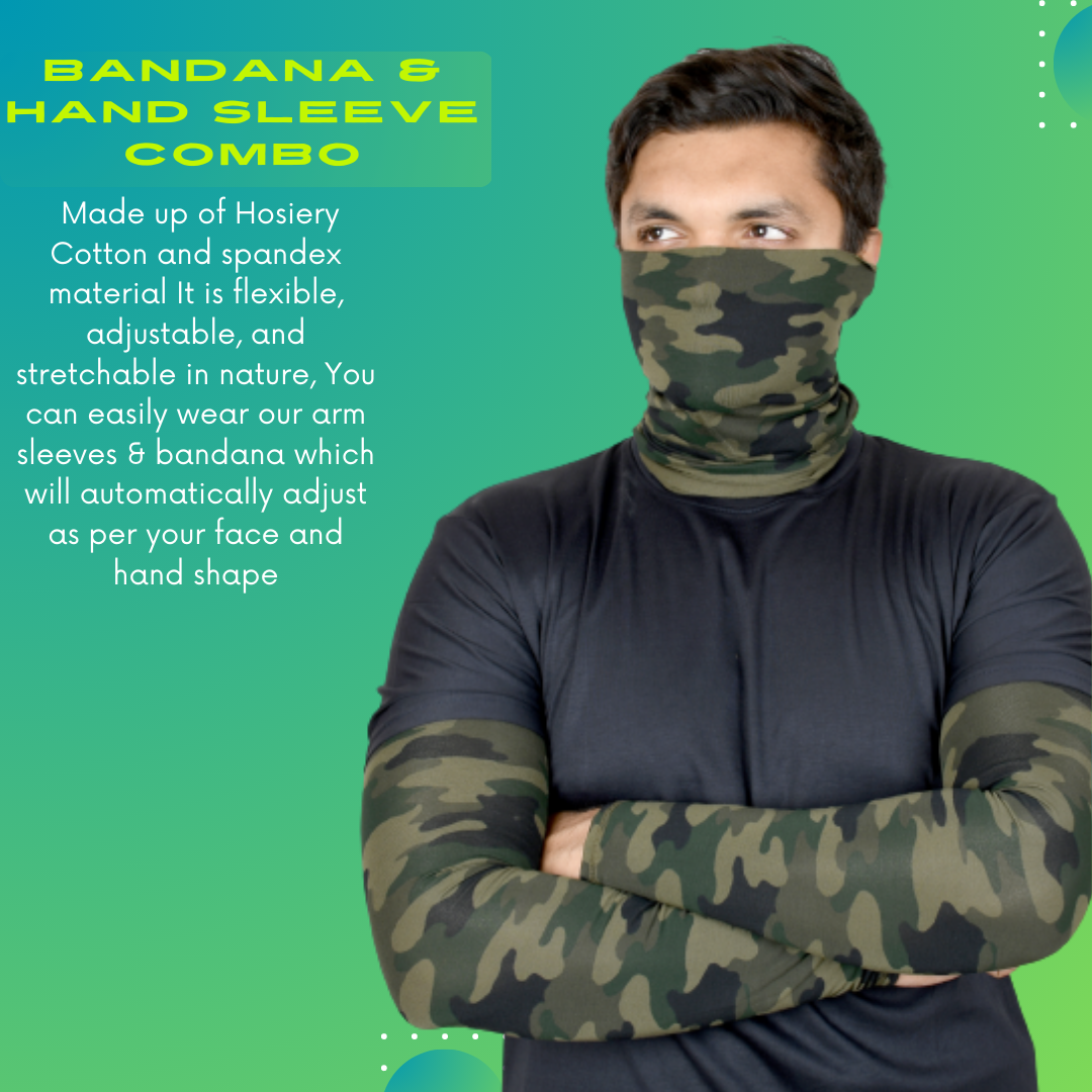 SOUL eTHICS Premium Cotton Combo Handsleeves and Bandana for Face, Head, Hair & Arm Cover with UV Protection for All Sports, Bike Riding, Dust Protection, with Arm Cooling Fabric (Camo Green) image 3